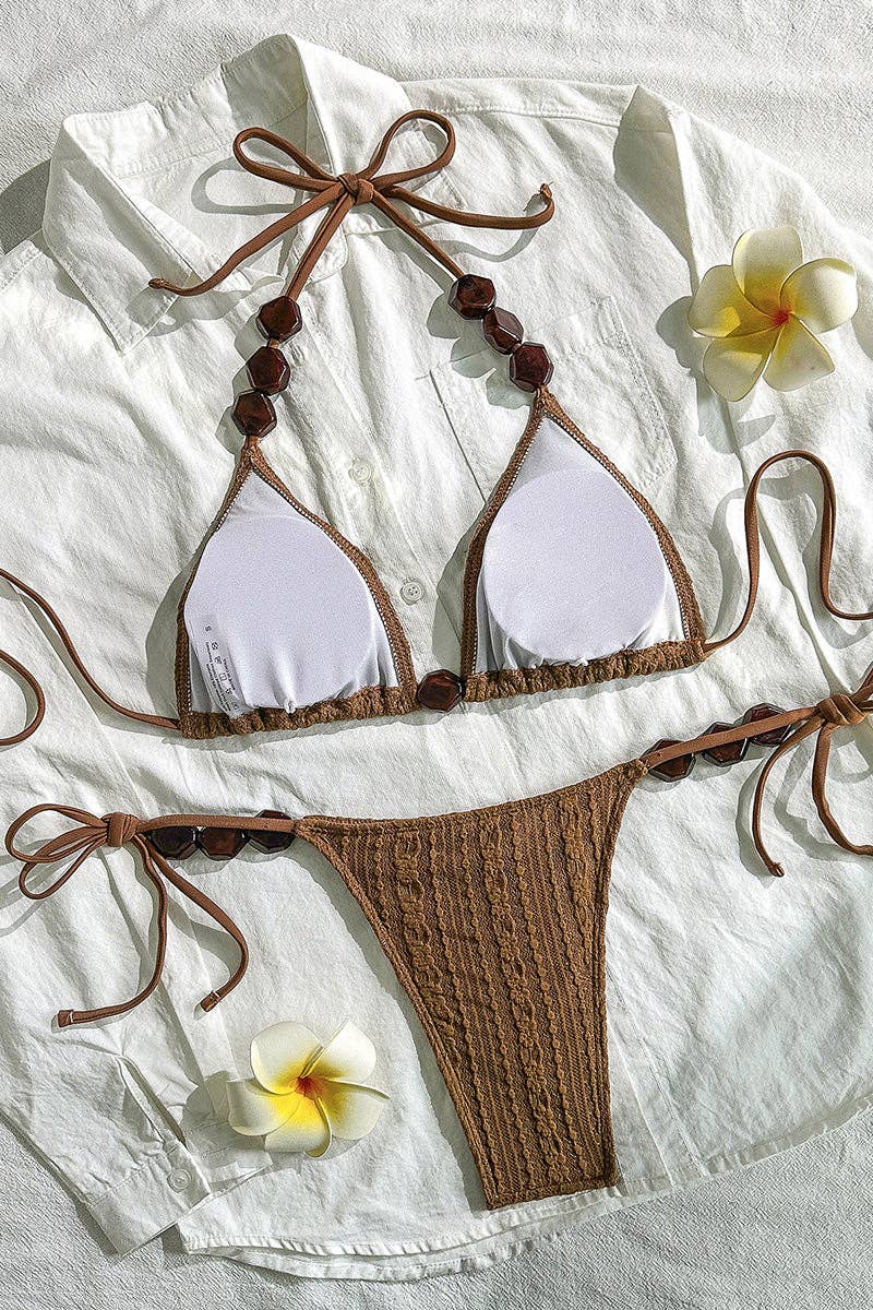 Conjunto de Bikini Elegante con Cuello Halter: CAFÉ / L