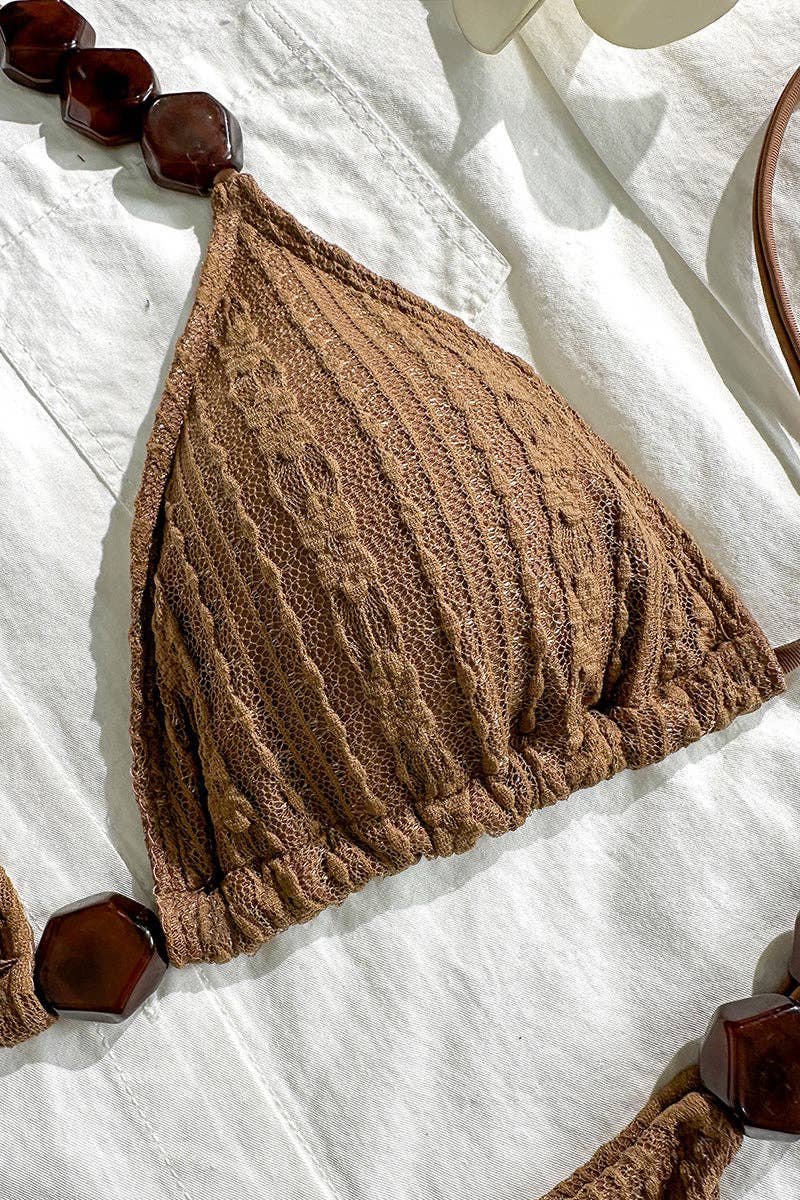 Conjunto de Bikini Elegante con Cuello Halter: CAFÉ / L
